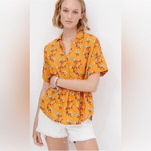 Anthropologie Pilcro medium Floral Embroidered Button Down Top Gold Boho Artisan